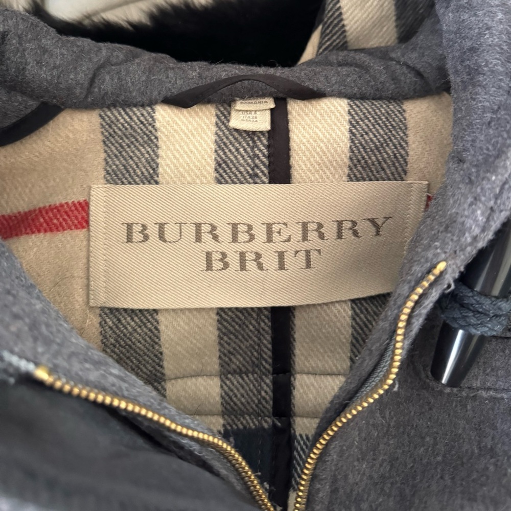 Burberry Brit Blackwell Coat Charcoal Gray Melange With Fox Fur Hood - Picture 6 of 8